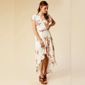 Altar'd State Andres Cream Floral High Low Surplice Faux Wrap Maxi Dress Size Sm